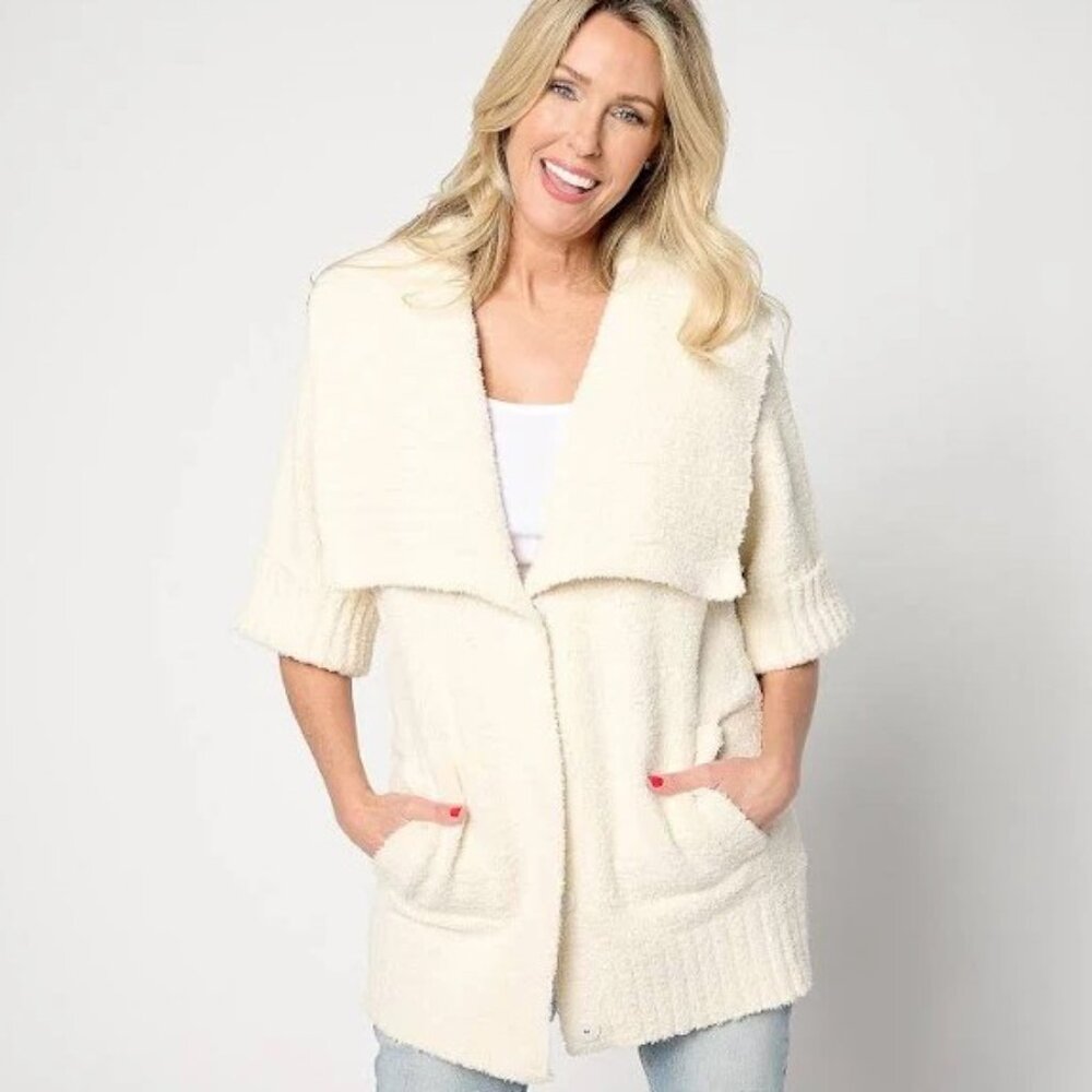 Barefoot Dreams Cozy Twist Short Sleeve Cream Sweater Coat Sze. M NWT